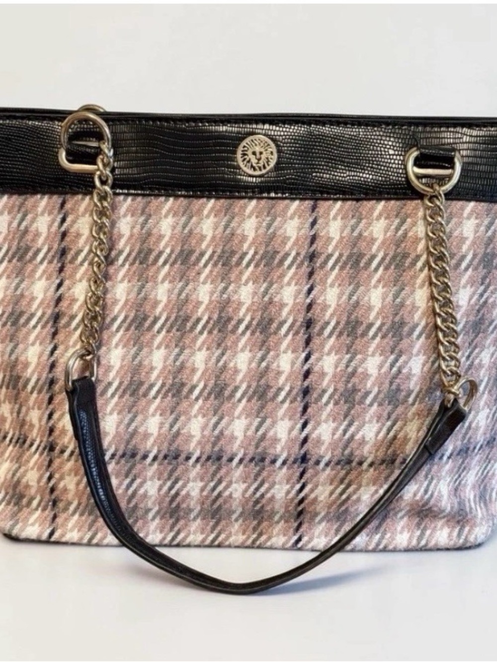 Anne Klein Pink and Black Plaid Shoulder  Bag Chain-Handle Tote
